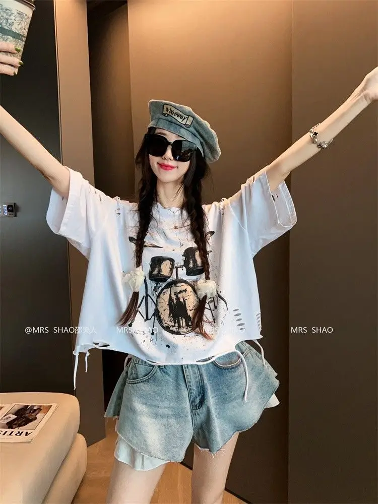 Vintage Ripped Short Sleeve T-shirts Women Casual Summer Graphic Tee Oversized T-shirt Streetwear Fashion Baggy Crop Top