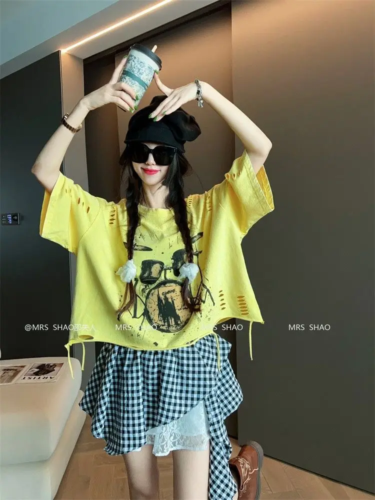 Vintage Ripped Short Sleeve T-shirts Women Casual Summer Graphic Tee Oversized T-shirt Streetwear Fashion Baggy Crop Top