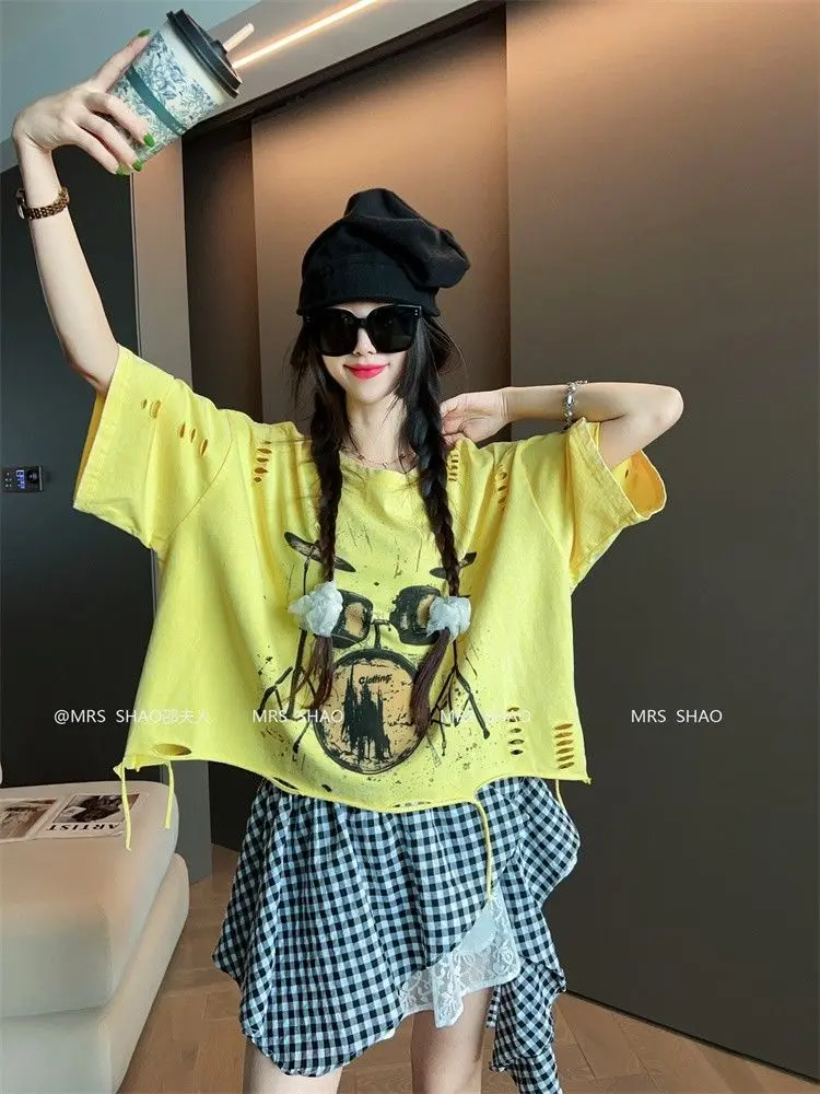 Vintage Ripped Short Sleeve T-shirts Women Casual Summer Graphic Tee Oversized T-shirt Streetwear Fashion Baggy Crop Top