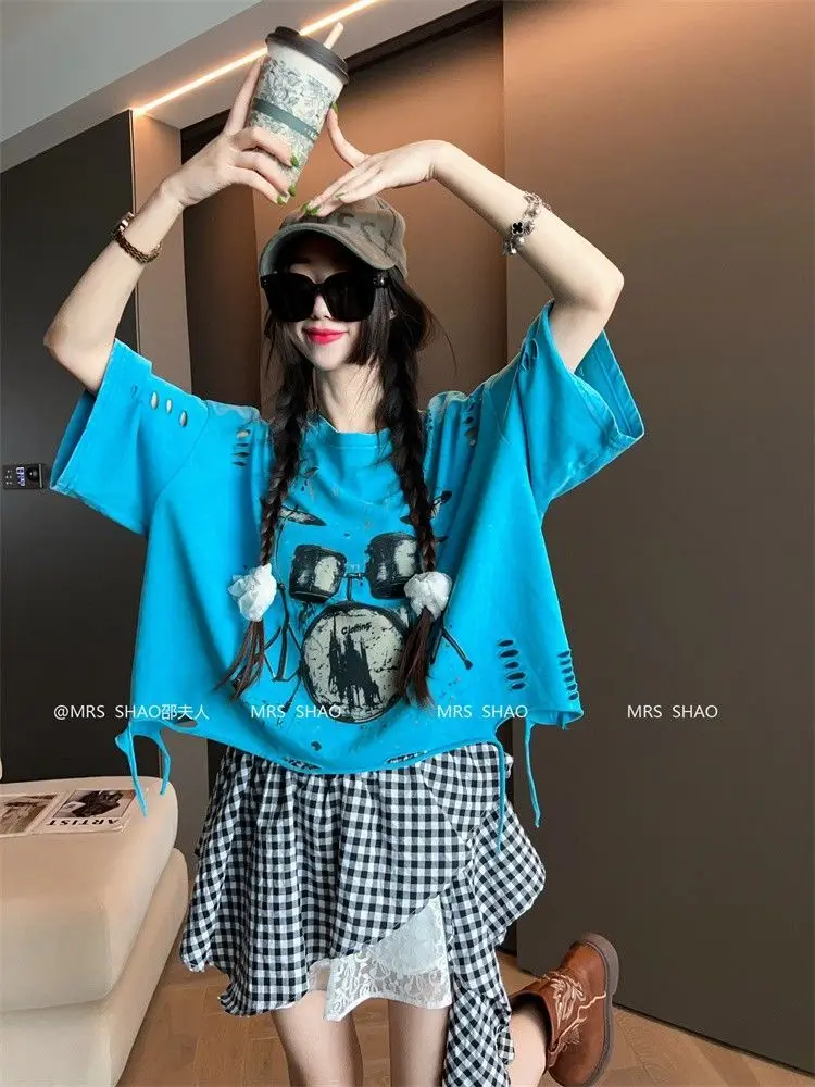 Vintage Ripped Short Sleeve T-shirts Women Casual Summer Graphic Tee Oversized T-shirt Streetwear Fashion Baggy Crop Top