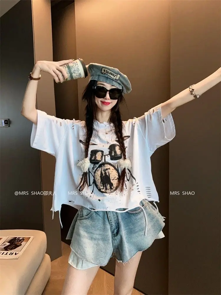 Vintage Ripped Short Sleeve T-shirts Women Casual Summer Graphic Tee Oversized T-shirt Streetwear Fashion Baggy Crop Top