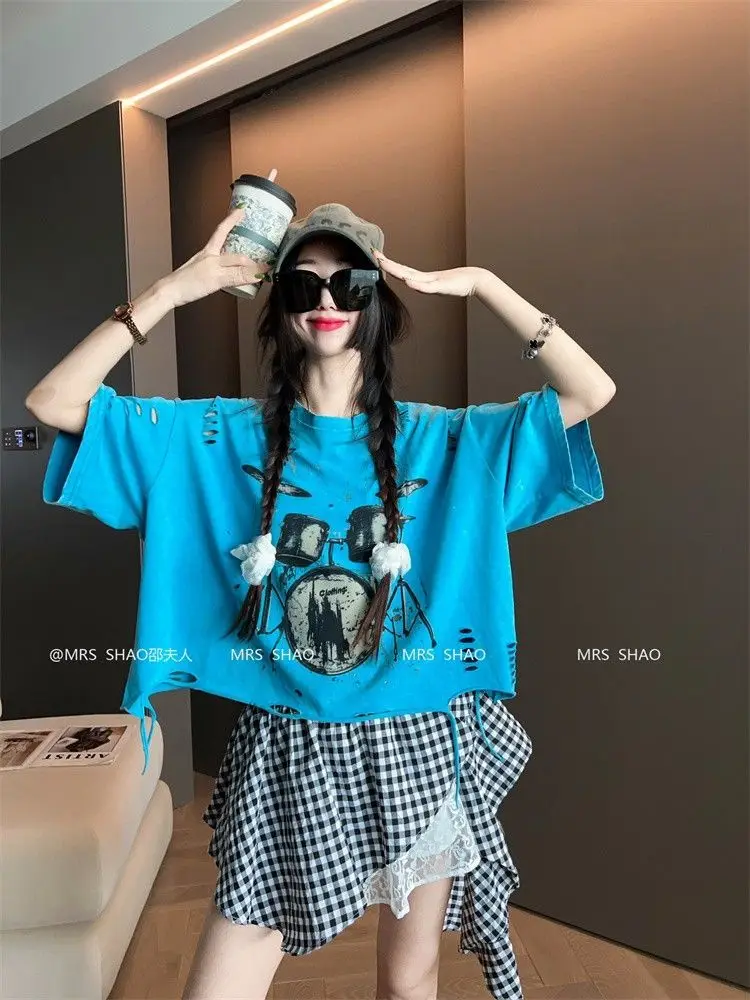 Vintage Ripped Short Sleeve T-shirts Women Casual Summer Graphic Tee Oversized T-shirt Streetwear Fashion Baggy Crop Top