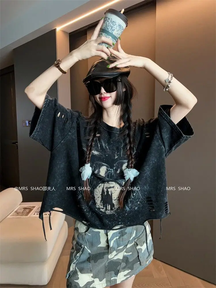 Vintage Ripped Short Sleeve T-shirts Women Casual Summer Graphic Tee Oversized T-shirt Streetwear Fashion Baggy Crop Top