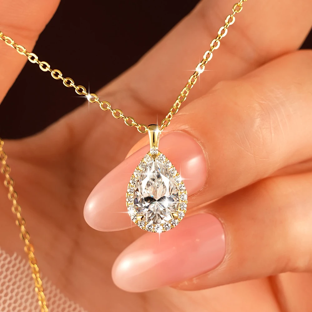 Lnngy 2.5CT Pear Cut Moissanite Diamond Necklace 14K Gold Filled Waterdrop Halo Pendant Necklaces for Valentine's Day Jewelry