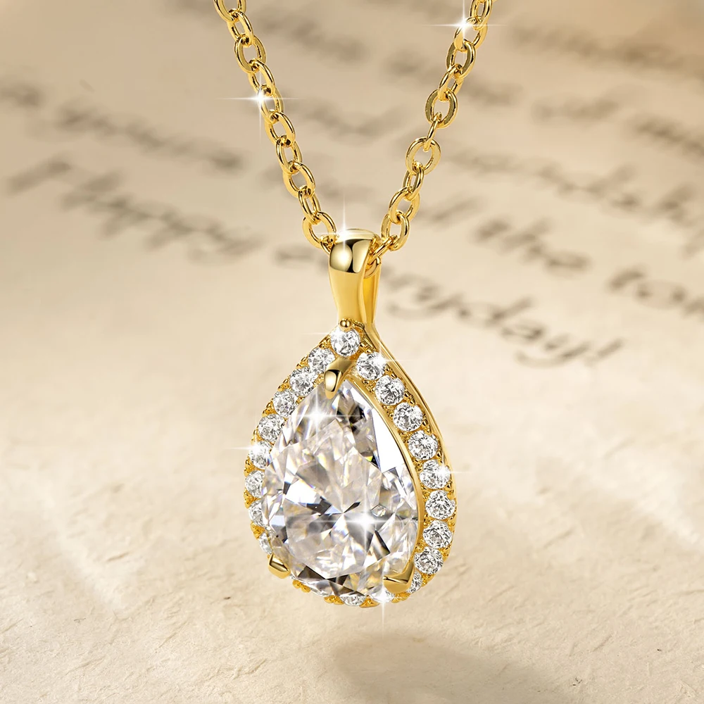 Lnngy 2.5CT Pear Cut Moissanite Diamond Necklace 14K Gold Filled Waterdrop Halo Pendant Necklaces for Valentine's Day Jewelry