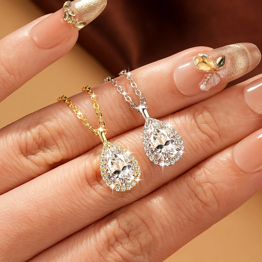 Lnngy 2.5CT Pear Cut Moissanite Diamond Necklace 14K Gold Filled Waterdrop Halo Pendant Necklaces for Valentine's Day Jewelry