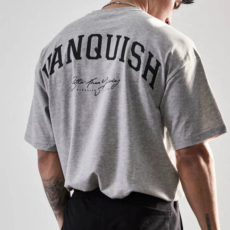 2026 new Men's Gym Inspired Cotton T-shirt Oversized Letter Graphic Short Sleeve Casual Tops