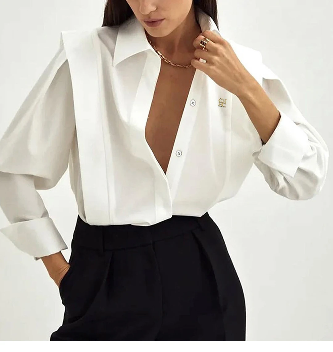 CH A Ladies' Casual Cotton Top with Embroidery and Long Sleeves - Perfect for Daily Office Wear.