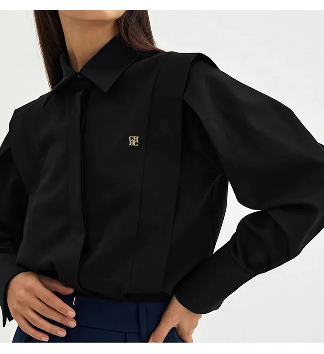 CH A Ladies' Casual Cotton Top with Embroidery and Long Sleeves - Perfect for Daily Office Wear.