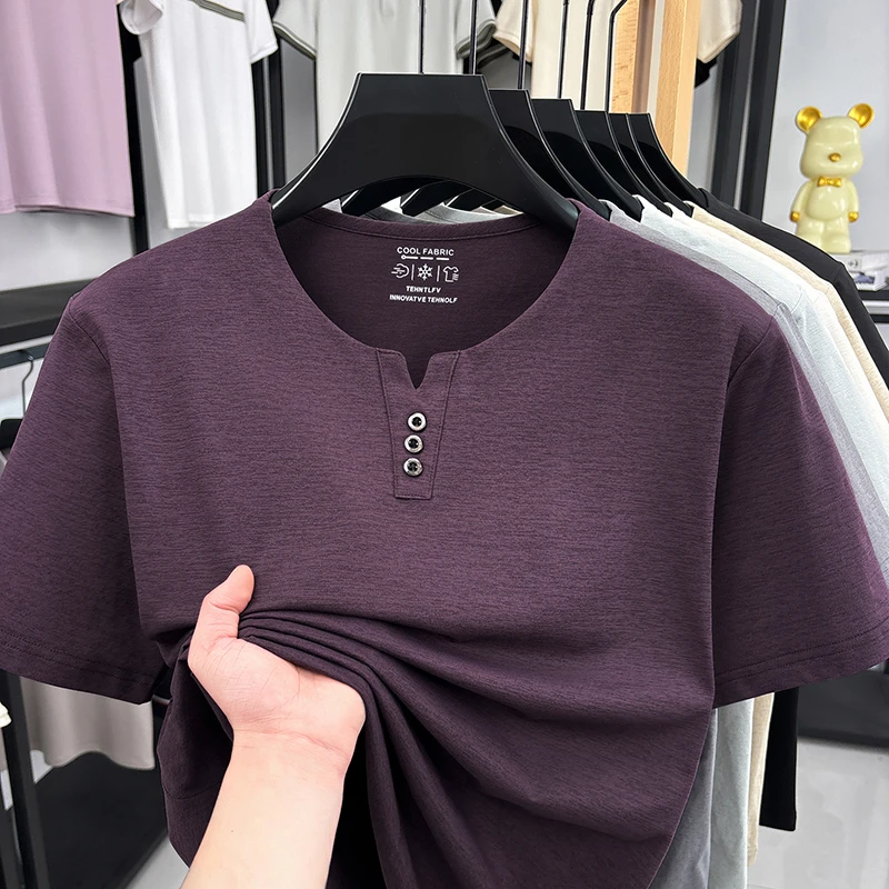 Men's Soft Fabric Henley Neck T Shirt With Three Button Detail Short Sleeve Casual And Comfortable Top