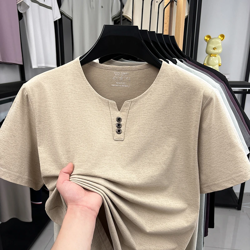 Men's Soft Fabric Henley Neck T Shirt With Three Button Detail Short Sleeve Casual And Comfortable Top