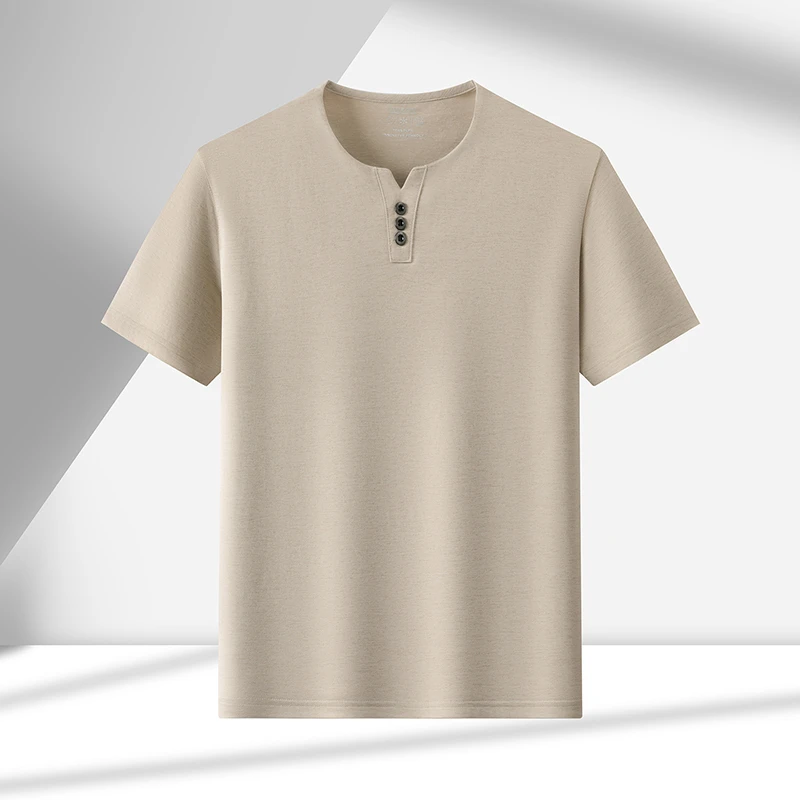 Men's Soft Fabric Henley Neck T Shirt With Three Button Detail Short Sleeve Casual And Comfortable Top