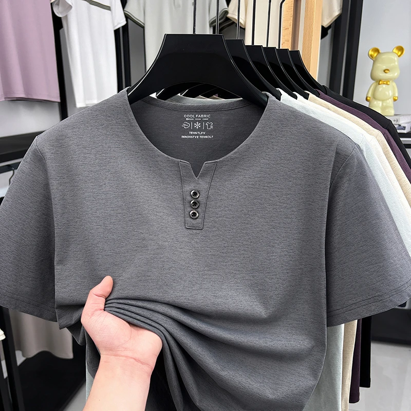 Men's Soft Fabric Henley Neck T Shirt With Three Button Detail Short Sleeve Casual And Comfortable Top