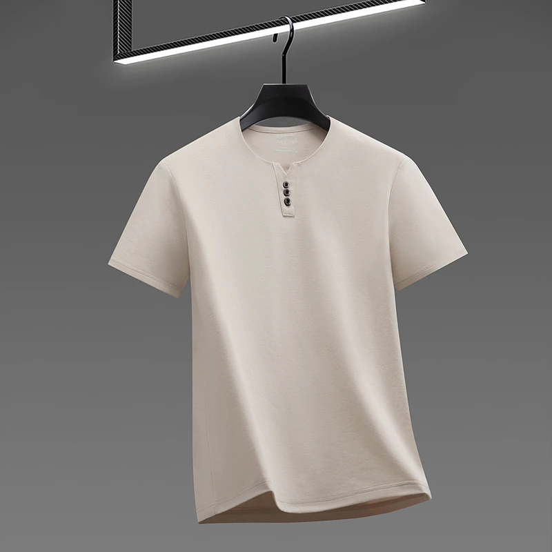 Men's Soft Fabric Henley Neck T Shirt With Three Button Detail Short Sleeve Casual And Comfortable Top