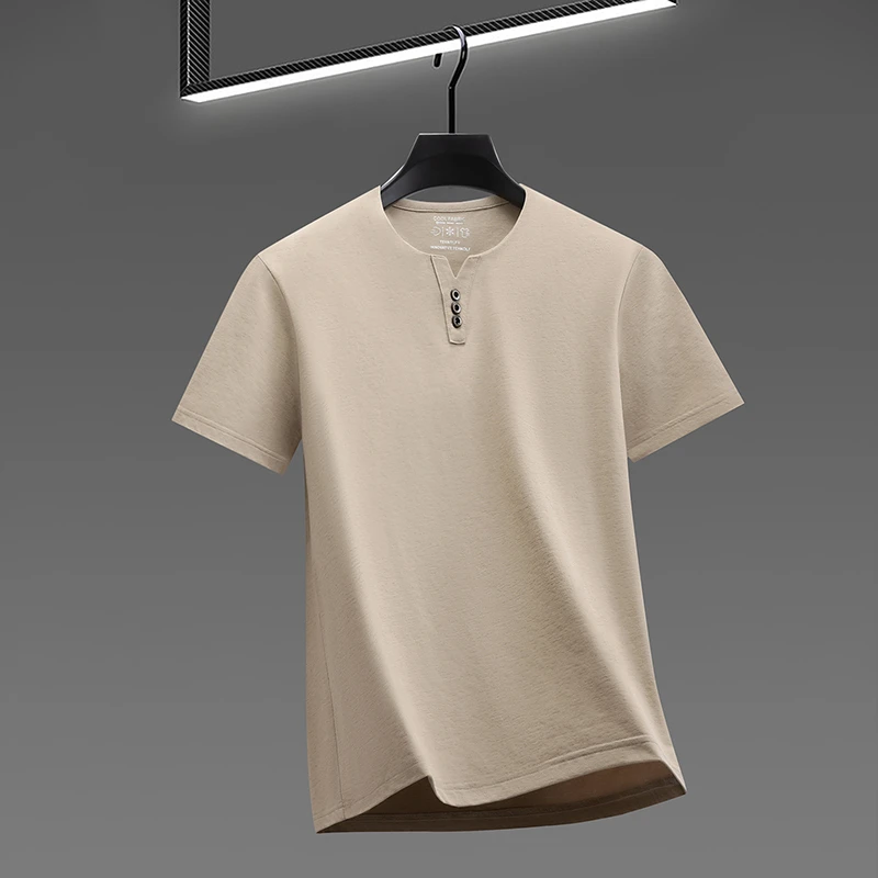 Men's Soft Fabric Henley Neck T Shirt With Three Button Detail Short Sleeve Casual And Comfortable Top