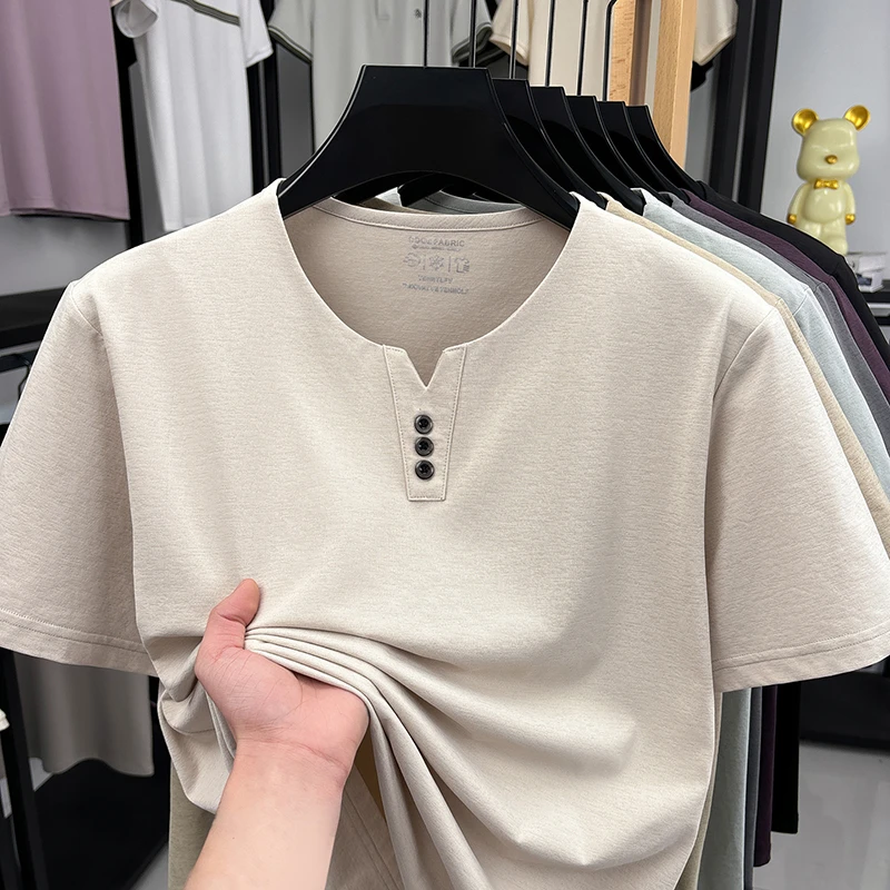 Men's Soft Fabric Henley Neck T Shirt With Three Button Detail Short Sleeve Casual And Comfortable Top