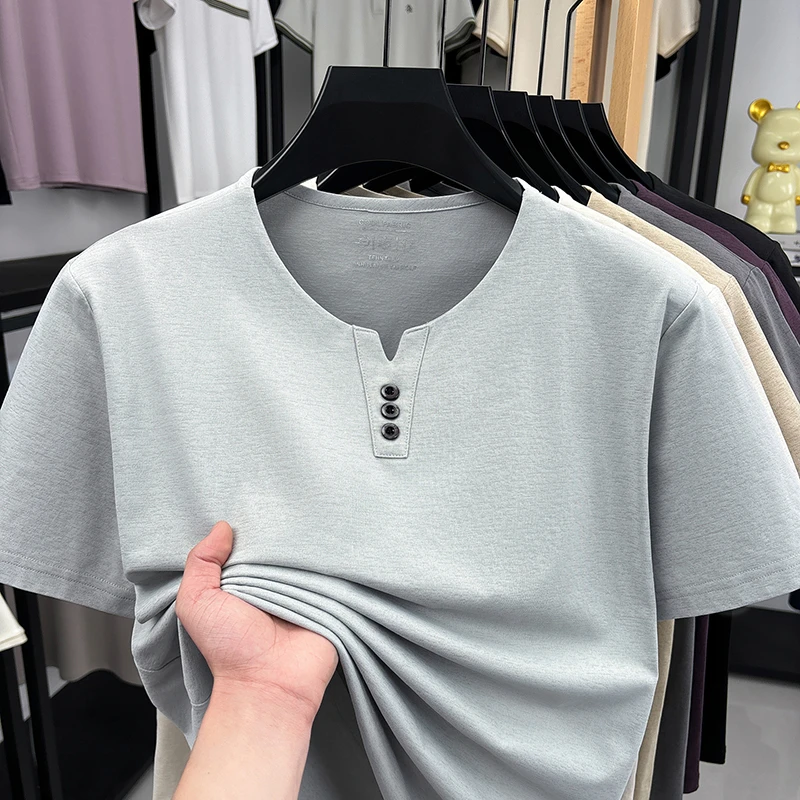 Men's Soft Fabric Henley Neck T Shirt With Three Button Detail Short Sleeve Casual And Comfortable Top