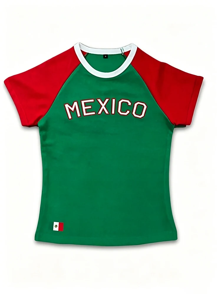 Y2K women's summer Mexican alphabet flag foam printed green short sleeved women's short sleeved T-shirt top