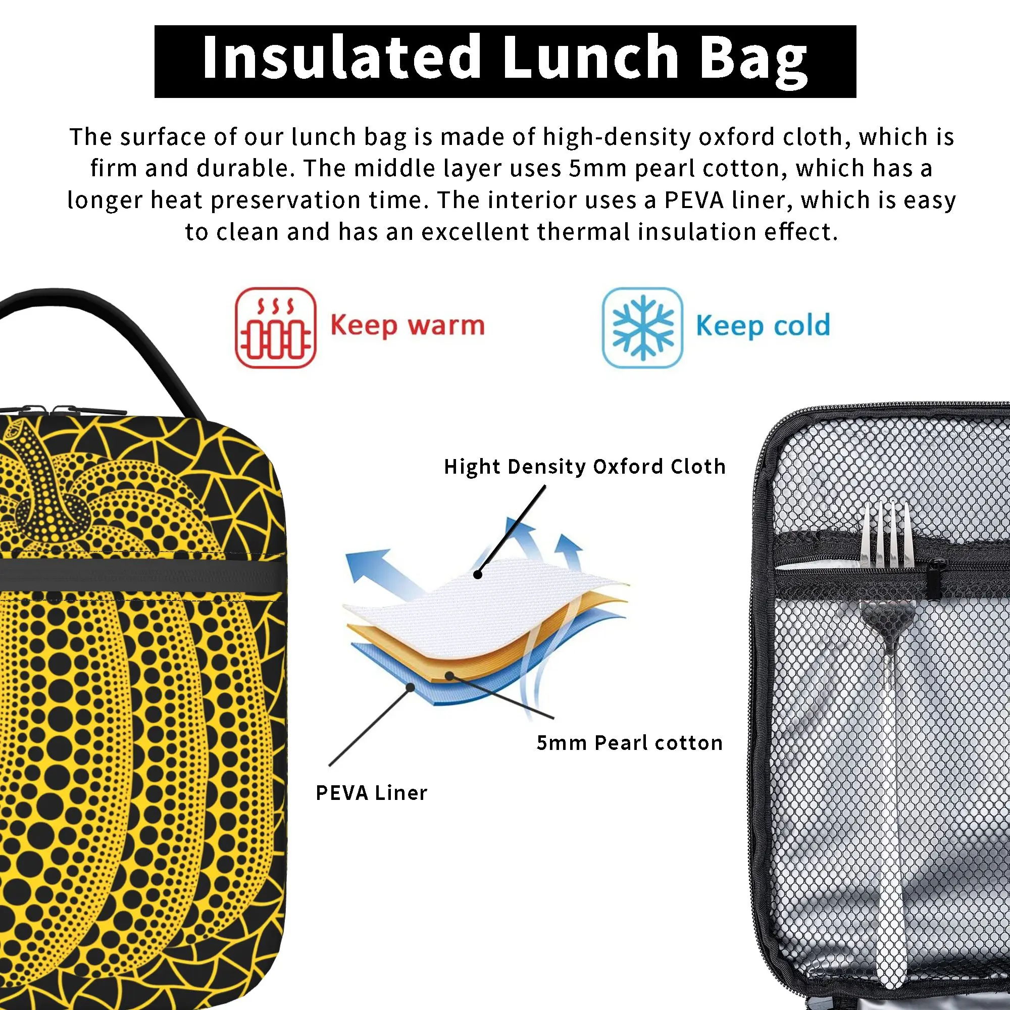 Yayoi Kusama Abstract Face Lunch Bag Japanese Artist Fun Lunch Box For Men Travel Cooler Bag Waterproof Thermal Tote Handbags