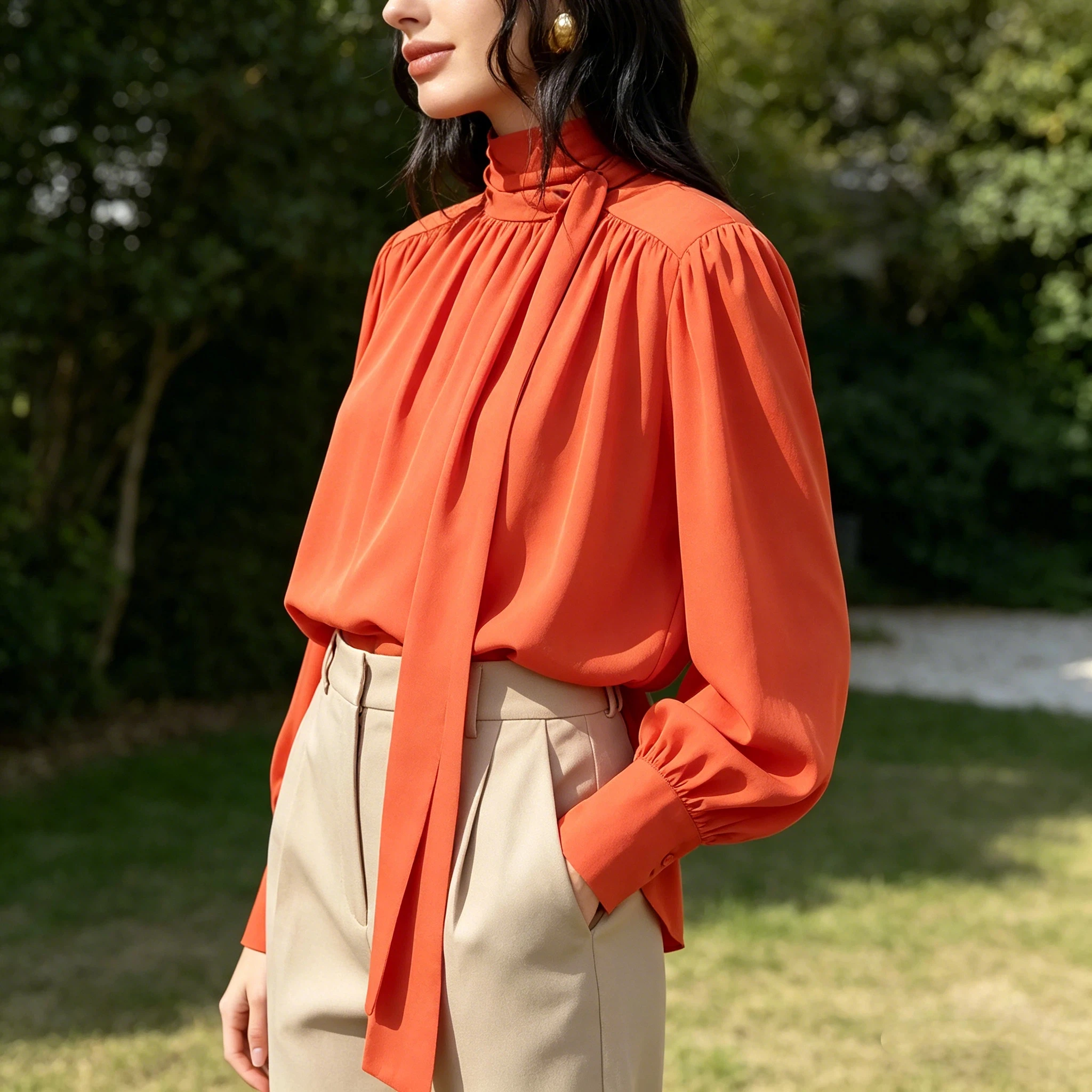 Women‘s Bow Tie High Neck Satin Blouse Orange Long Sleeve Pleated Loose Fit Elegant 2026 Office Workwear Top