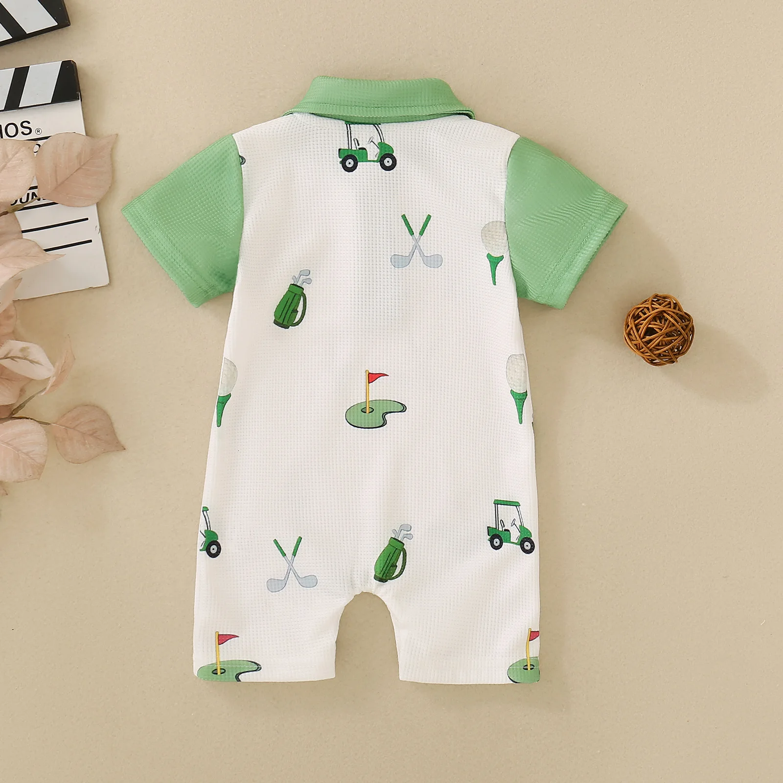 Summer Neutral Baby Car Flag Golf Club Print Short Sleeve Jumpsuit Short Climb