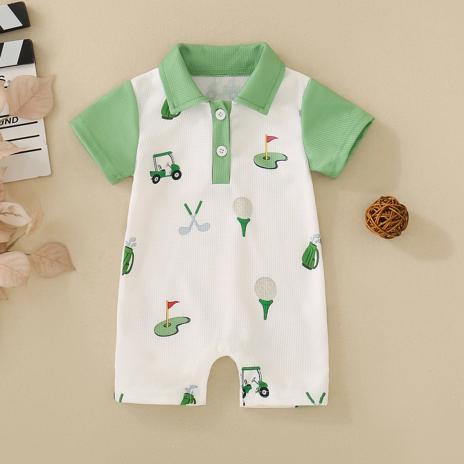 Summer Neutral Baby Car Flag Golf Club Print Short Sleeve Jumpsuit Short Climb