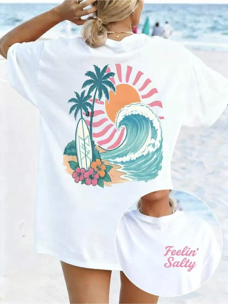 Feelin' Salty Beach Print T-shirt Palm Tree Wave Sun Graphic Short Sleeve Tops Women Spring Summer Vacation Casual Tee
