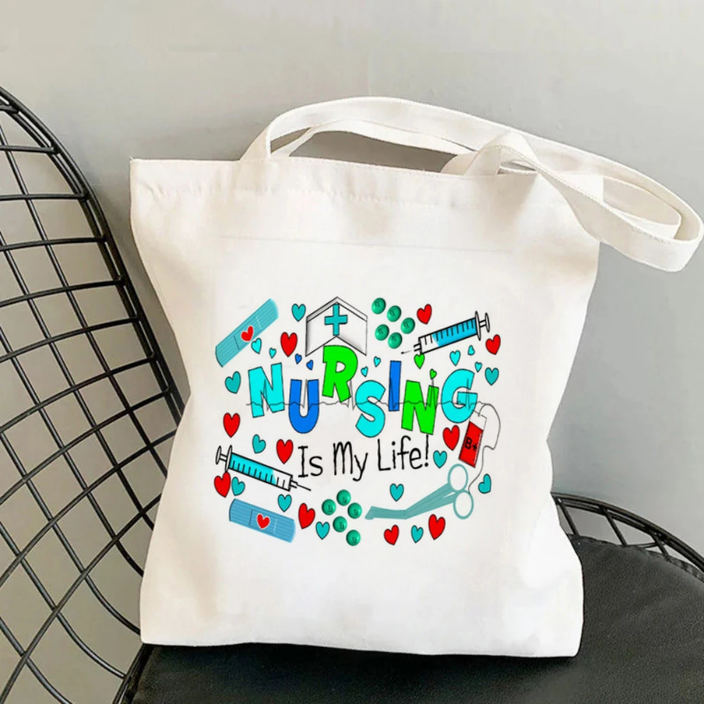 Nurse Themed Print Canvas Tote Bag, Reusable Daily Shoulder Bag, Perfect Gift for Nurses & Healthcare Workers Everyday Use