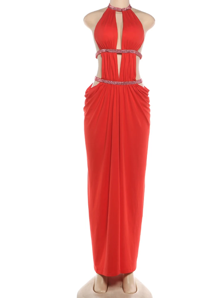 Kliou Sexy Hollow Maxi Dress Woman Lace-Up Halter Backless Bright Silk Sleeveless Midnight Prom Party Ruched Elegant Vestidos