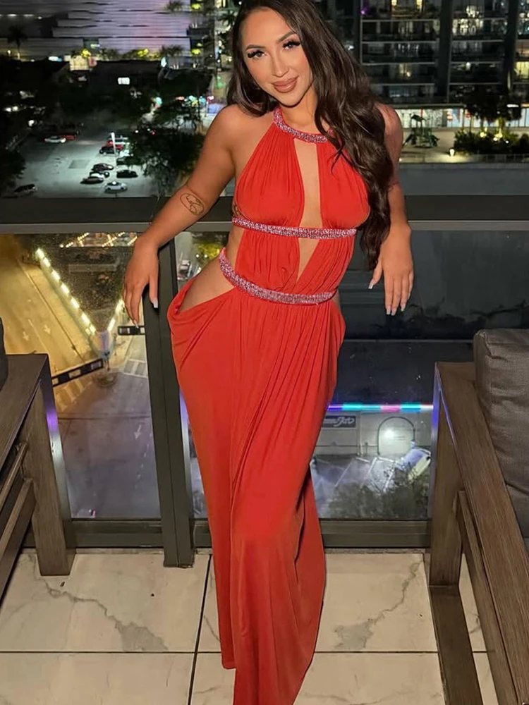 Kliou Sexy Hollow Maxi Dress Woman Lace-Up Halter Backless Bright Silk Sleeveless Midnight Prom Party Ruched Elegant Vestidos
