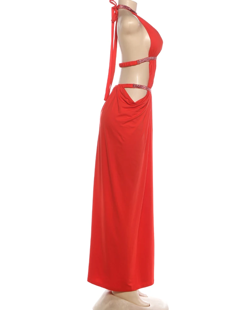 Kliou Sexy Hollow Maxi Dress Woman Lace-Up Halter Backless Bright Silk Sleeveless Midnight Prom Party Ruched Elegant Vestidos