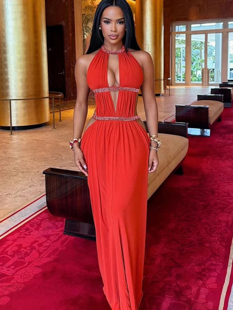 Kliou Sexy Hollow Maxi Dress Woman Lace-Up Halter Backless Bright Silk Sleeveless Midnight Prom Party Ruched Elegant Vestidos