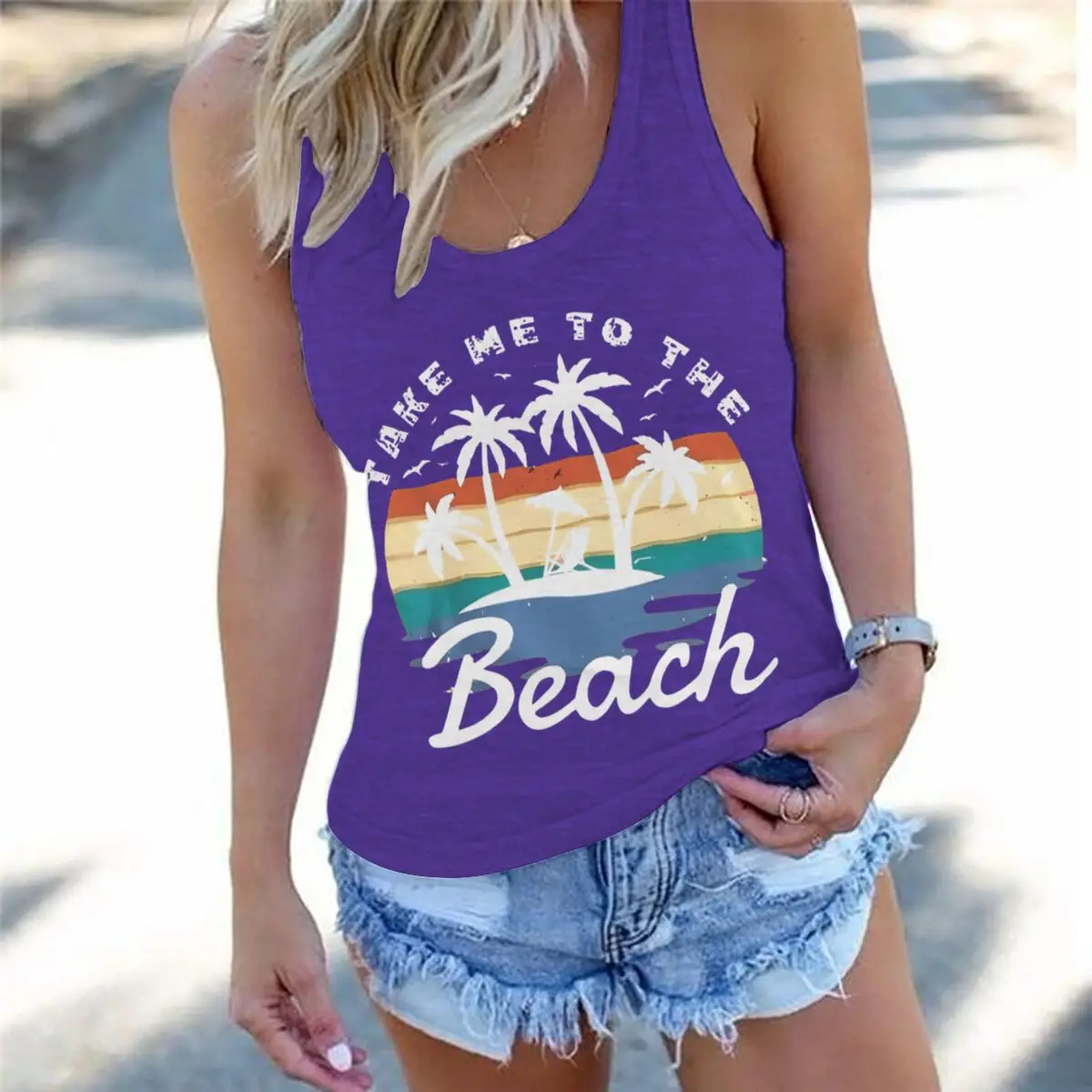 Women Vintage Take Me To The Beach Graphic Racerback Tank Top Summer Vacation Retro Sunset Palm Tree Sleeveless Basic-Fit Vest