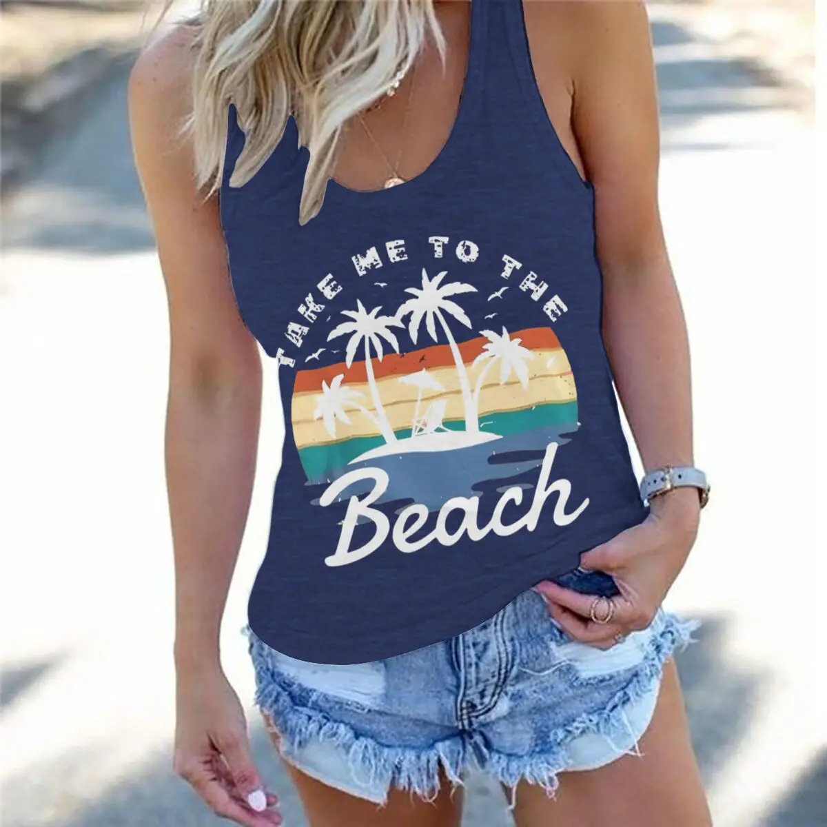 Women Vintage Take Me To The Beach Graphic Racerback Tank Top Summer Vacation Retro Sunset Palm Tree Sleeveless Basic-Fit Vest