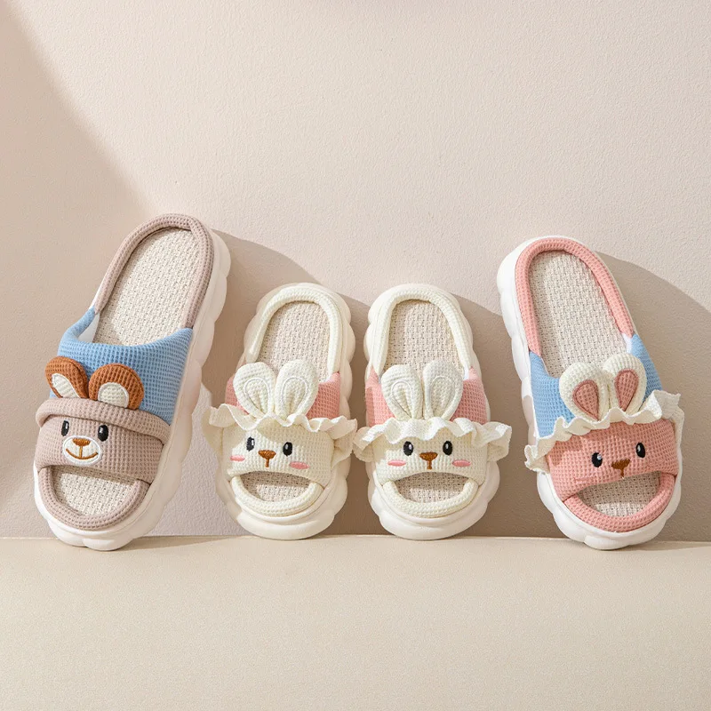 Linen Women Slippers Home Spring Summer Rabbit Designer Shoes Girls Cute Cartoon Indoor Slides Soft Cloud Sole Non-Slip Unisex