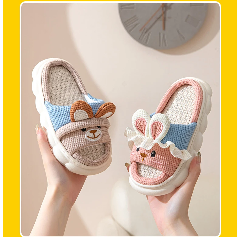 Linen Women Slippers Home Spring Summer Rabbit Designer Shoes Girls Cute Cartoon Indoor Slides Soft Cloud Sole Non-Slip Unisex