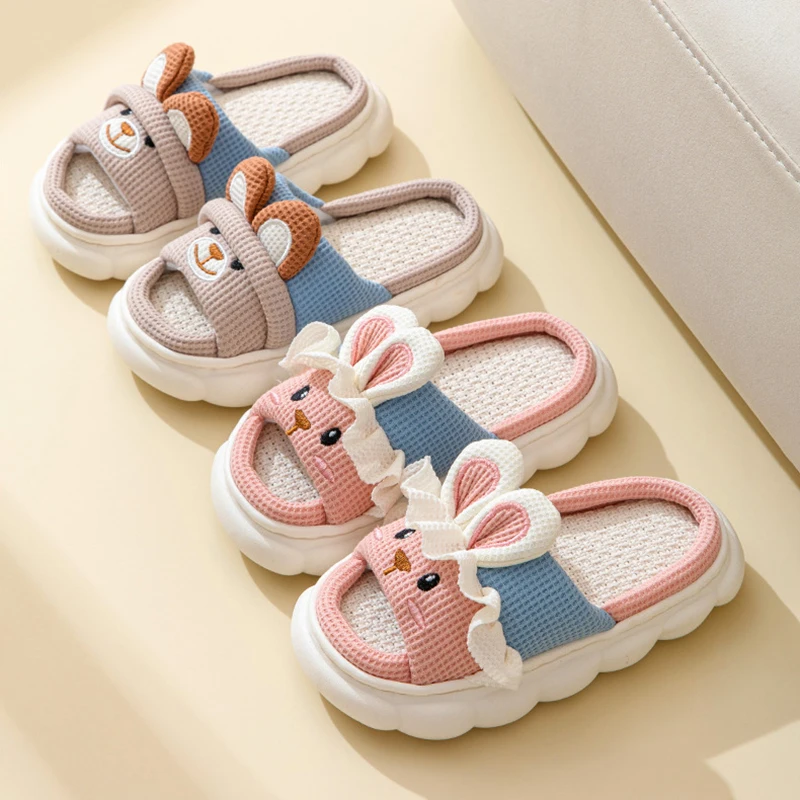 Linen Women Slippers Home Spring Summer Rabbit Designer Shoes Girls Cute Cartoon Indoor Slides Soft Cloud Sole Non-Slip Unisex