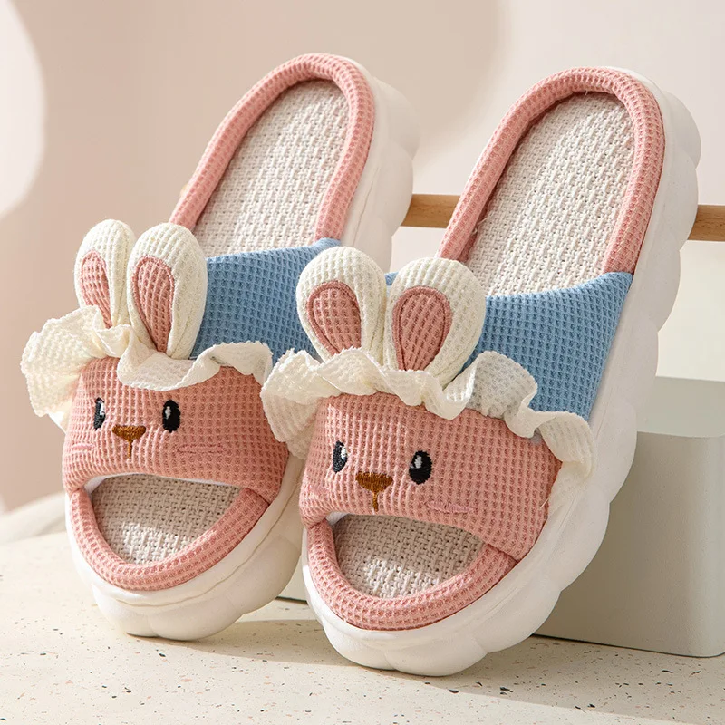 Linen Women Slippers Home Spring Summer Rabbit Designer Shoes Girls Cute Cartoon Indoor Slides Soft Cloud Sole Non-Slip Unisex