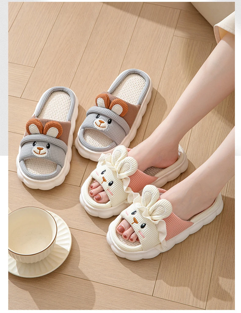 Linen Women Slippers Home Spring Summer Rabbit Designer Shoes Girls Cute Cartoon Indoor Slides Soft Cloud Sole Non-Slip Unisex