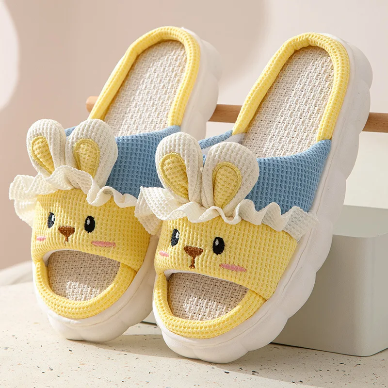 Linen Women Slippers Home Spring Summer Rabbit Designer Shoes Girls Cute Cartoon Indoor Slides Soft Cloud Sole Non-Slip Unisex
