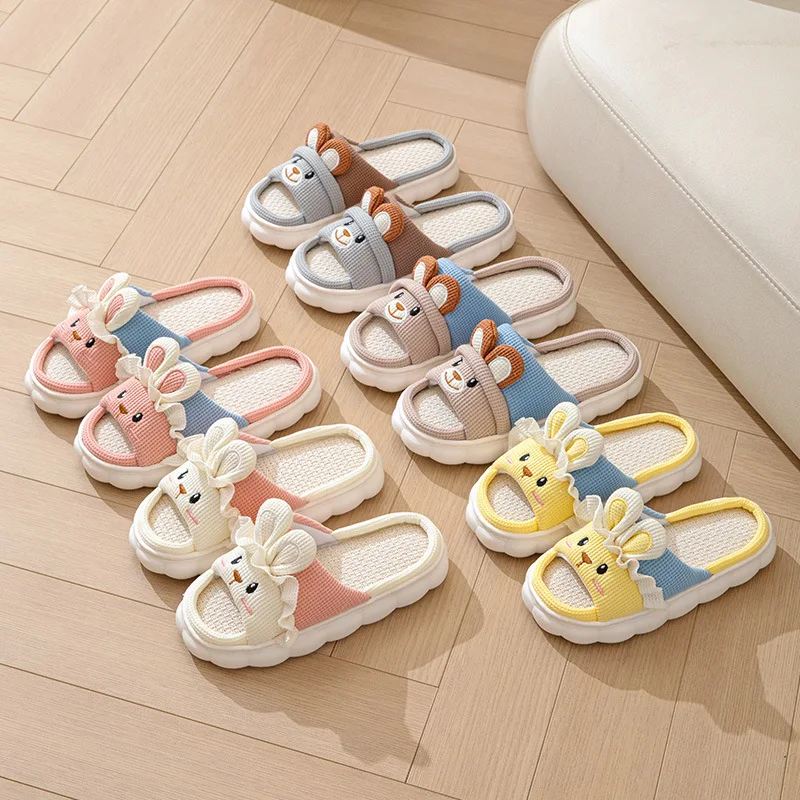 Linen Women Slippers Home Spring Summer Rabbit Designer Shoes Girls Cute Cartoon Indoor Slides Soft Cloud Sole Non-Slip Unisex