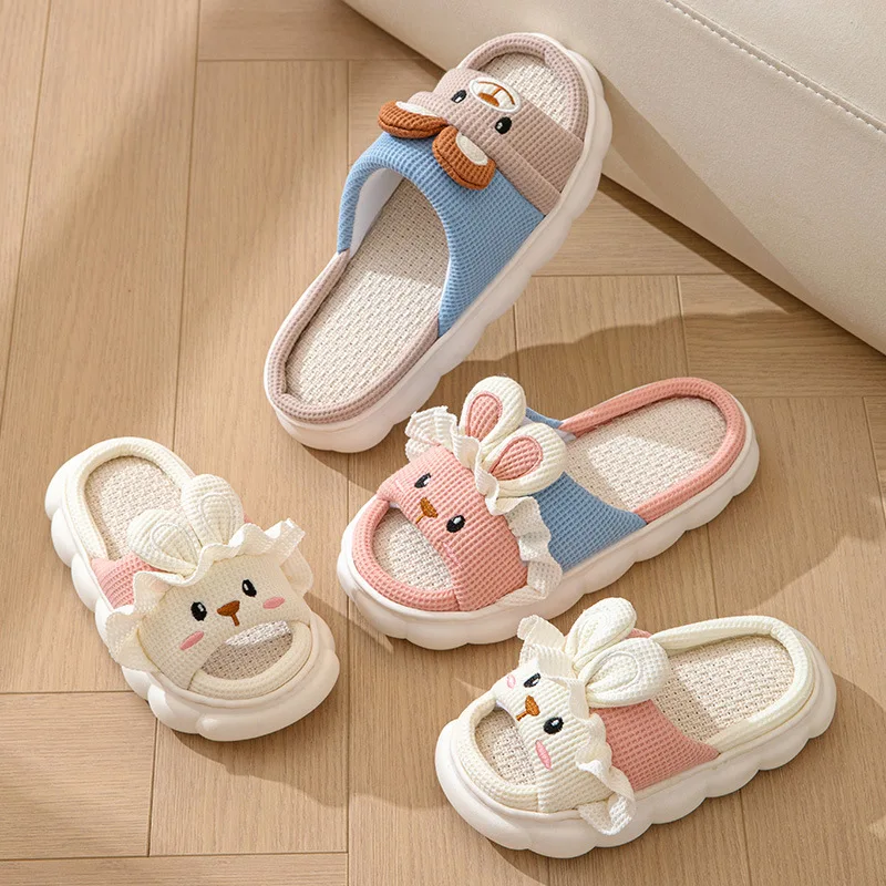 Linen Women Slippers Home Spring Summer Rabbit Designer Shoes Girls Cute Cartoon Indoor Slides Soft Cloud Sole Non-Slip Unisex