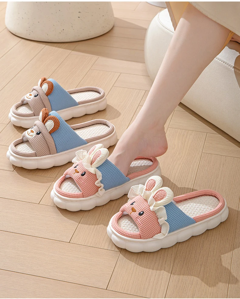 Linen Women Slippers Home Spring Summer Rabbit Designer Shoes Girls Cute Cartoon Indoor Slides Soft Cloud Sole Non-Slip Unisex