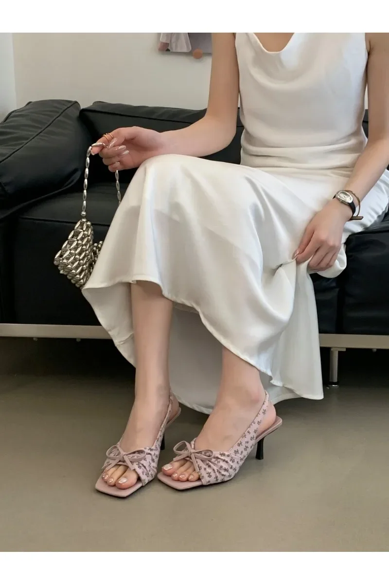 2026 Summer Women Floral Polka Dot Slingback Sandals Square Open Toe Elegant Ladies Office Daily Dating Dress Fashion Pumps