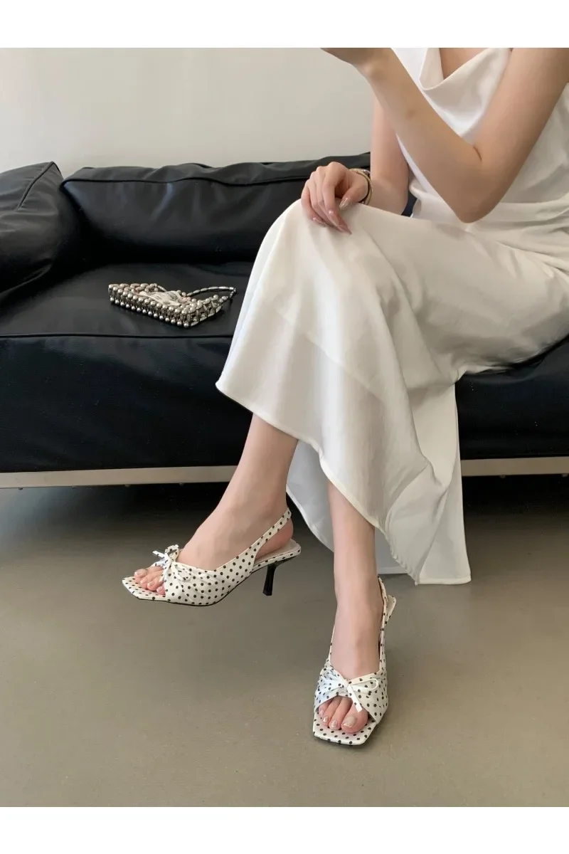 2026 Summer Women Floral Polka Dot Slingback Sandals Square Open Toe Elegant Ladies Office Daily Dating Dress Fashion Pumps
