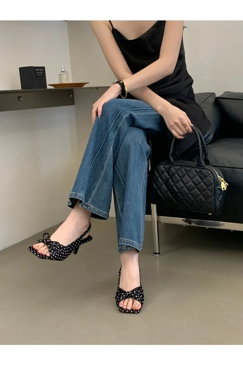 2026 Summer Women Floral Polka Dot Slingback Sandals Square Open Toe Elegant Ladies Office Daily Dating Dress Fashion Pumps