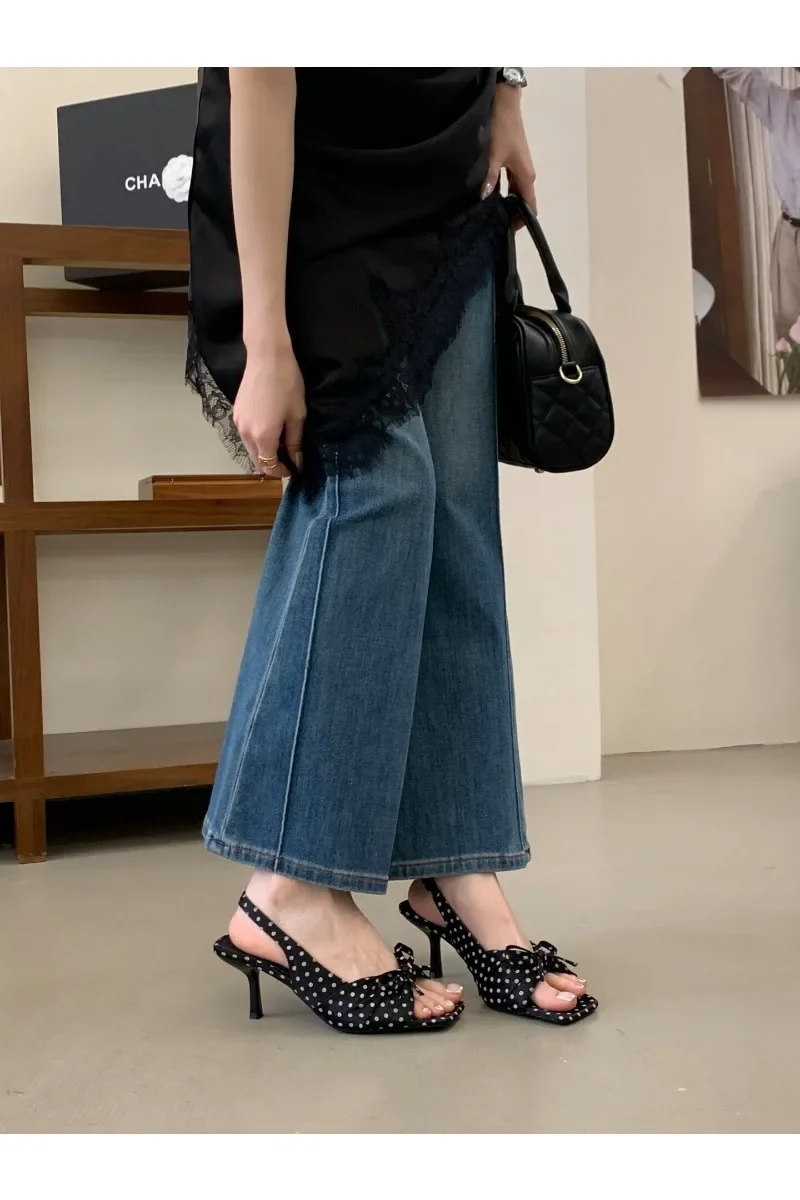 2026 Summer Women Floral Polka Dot Slingback Sandals Square Open Toe Elegant Ladies Office Daily Dating Dress Fashion Pumps