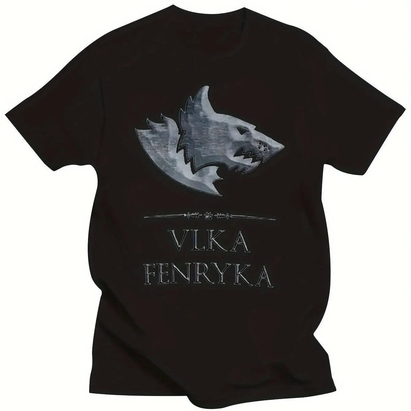 40K Space Werewolf T-shirt featuring the Astartes Legion Horus Rebellion wolf head graphic and Vika Fenryka lettering
