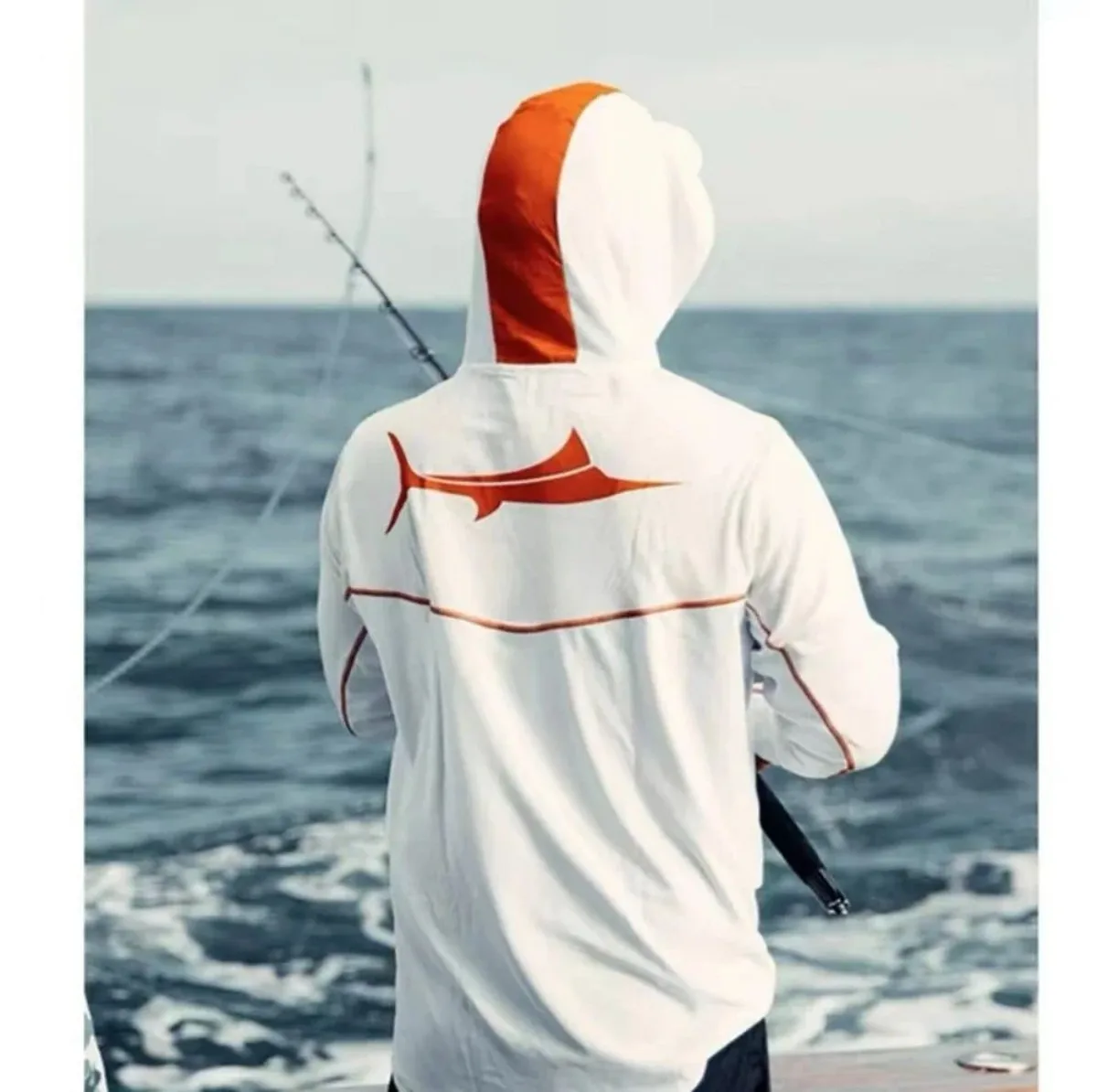 American Men's Summer Fashionable Fish Print Soft Breathable Hooded Fishing Suit Long Sleeved T-Shirt Outdoor Casual Top