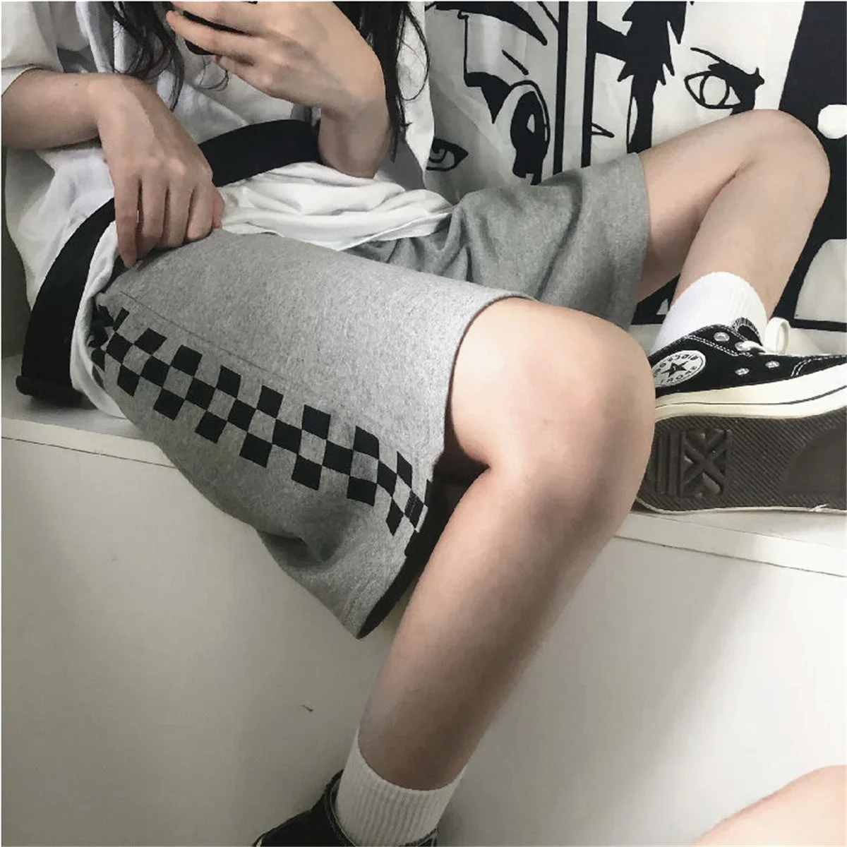 Checkerboard Casual Men Summer Thin American Retro Sports Straight Five-point Pants